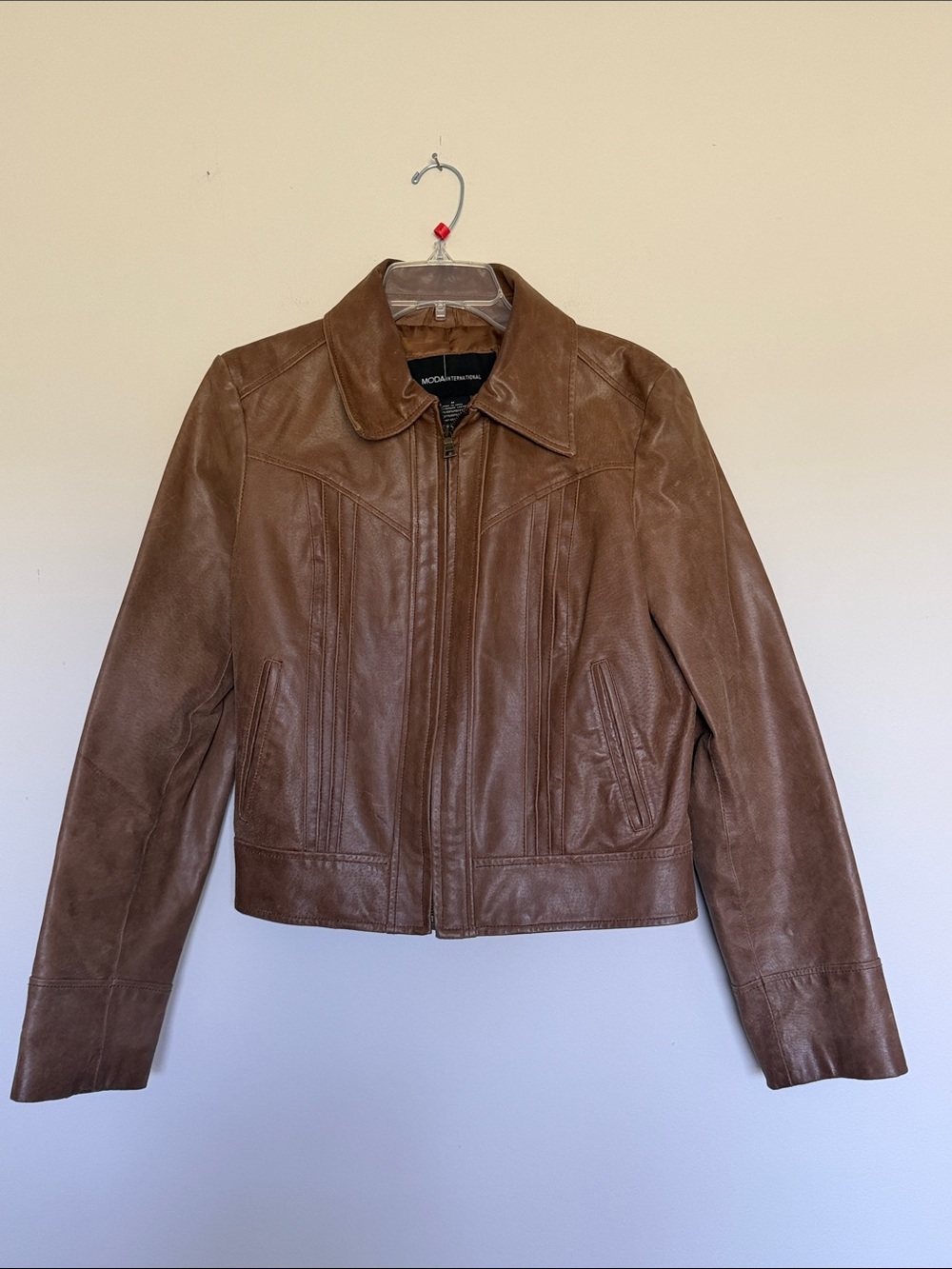 Moda International Genuine Leather Brown Jacket Women’s M Zip Front Y2K